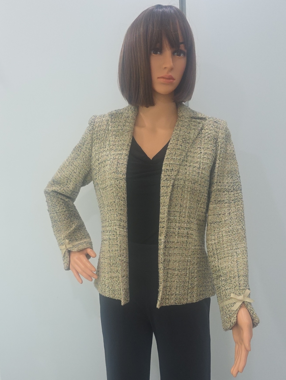 Classic Tweed Open-Front Jacket - Tan, Black, and Cream colors-size 4 Petite
